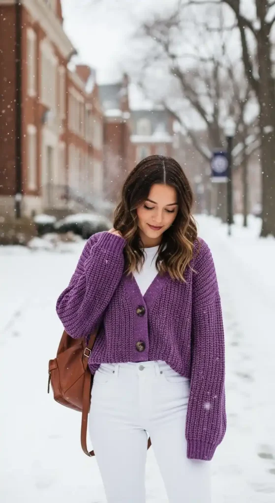 How to Style Winter Outfits for College Girls on a Budget 6 purple-cardigan-with-high-waisted-whites