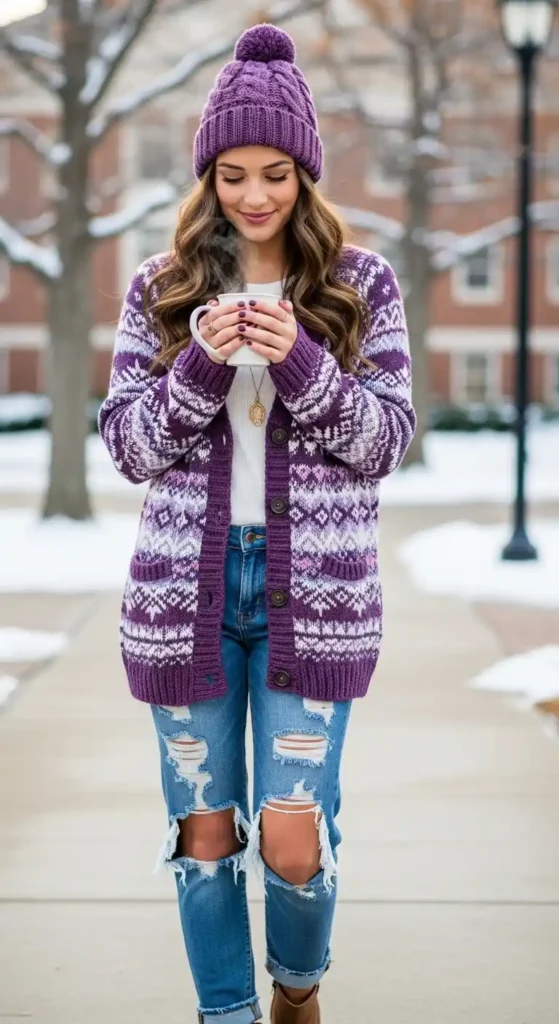 How to Style Winter Outfits for College Girls on a Budget 5 purple-patterned-cardigan-with-distressed-denim