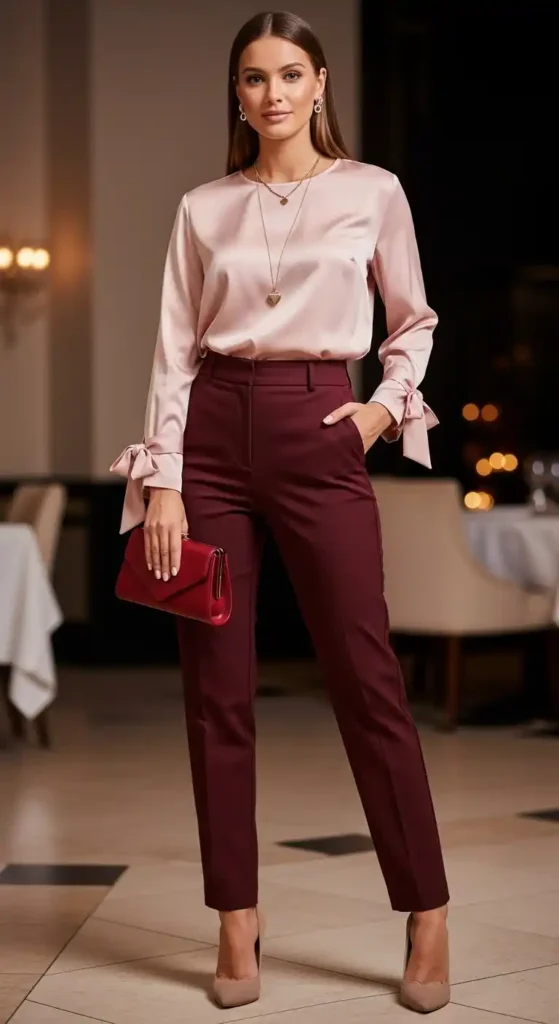 Valentine’s Day Aesthetic Outfit Ideas to Look Chic and Romantic 12 silky-blouse-and-tailored-trousers