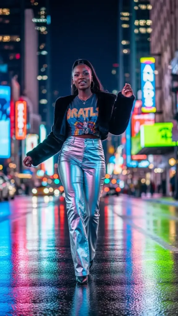 16+ Trendy Winter Outfits for Black Girls to Elevate Your Style 9 silver-metallic-pants-graphic-tee