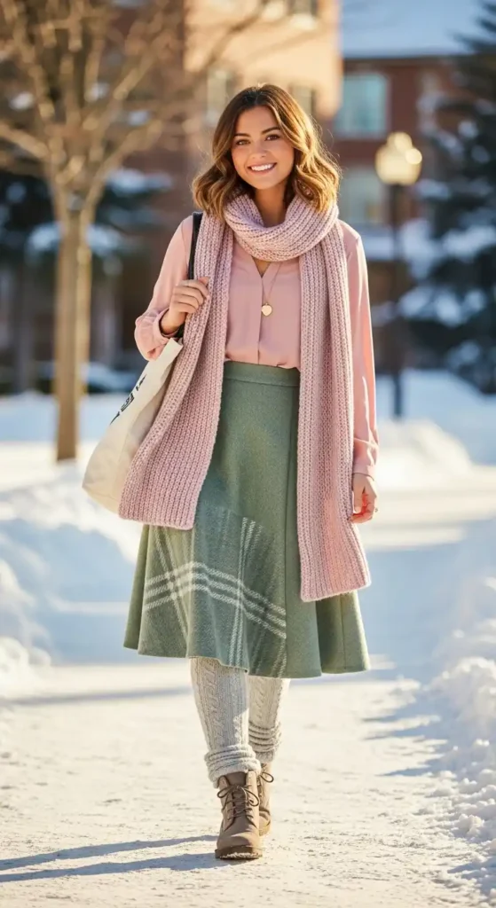 How to Style Winter Outfits for College Girls on a Budget 16 soft-pink-blouse-with-sage-skirt