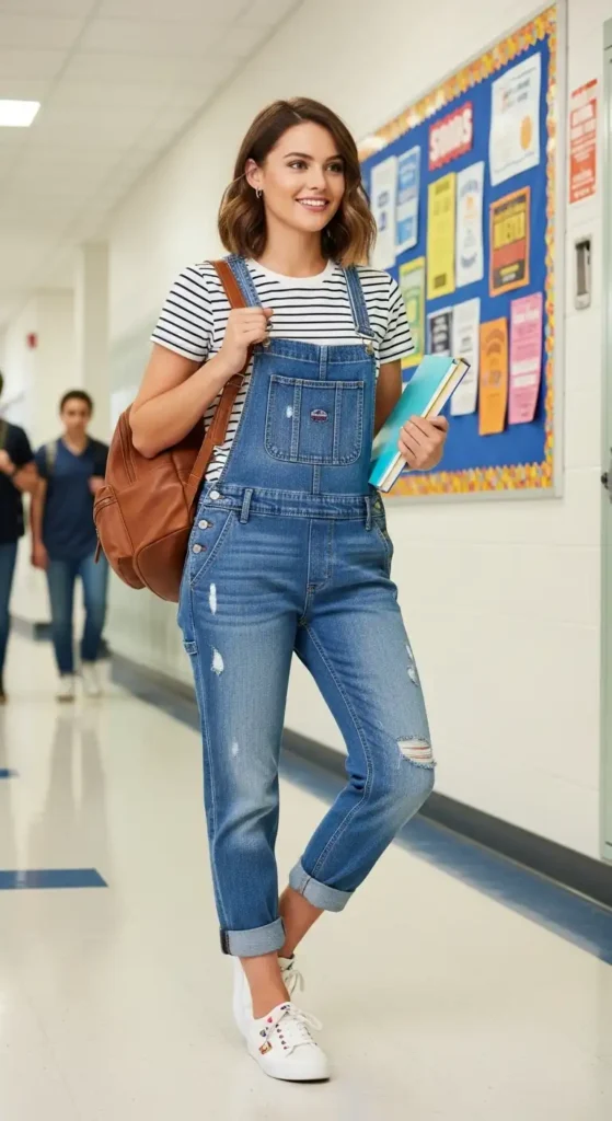 15 Trendy Outfit Ideas For School That Are Cute & Comfortable 11 striped-t-shirt-with-overalls