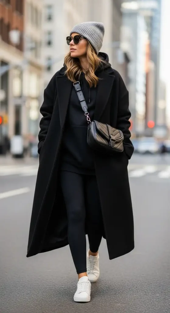 16 Winter Outfit Ideas With Long Coats To Elevate Your Look 4 athleisure-chic-with-black-coat