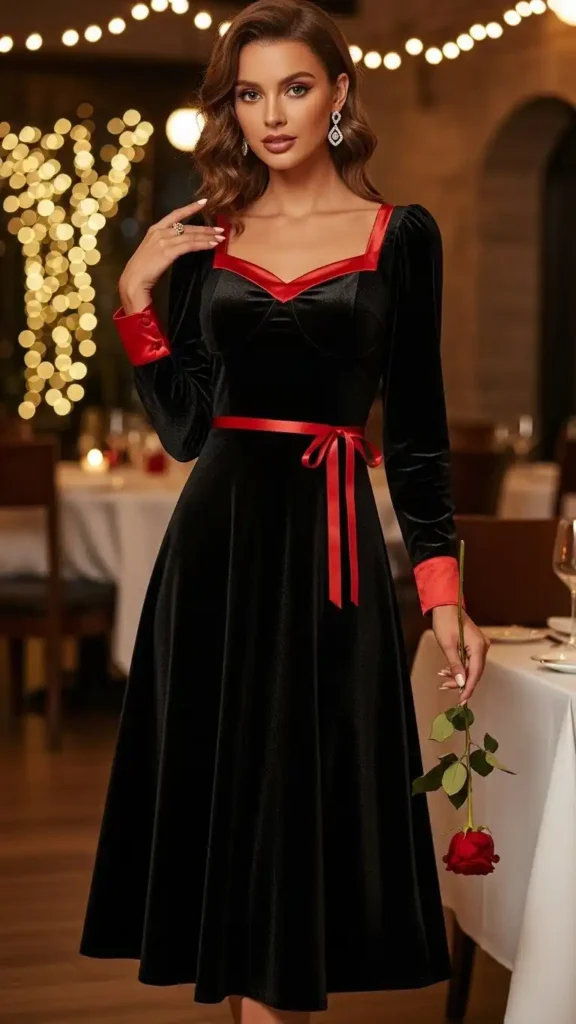 black-velvet-midi-dress-with-red-accents