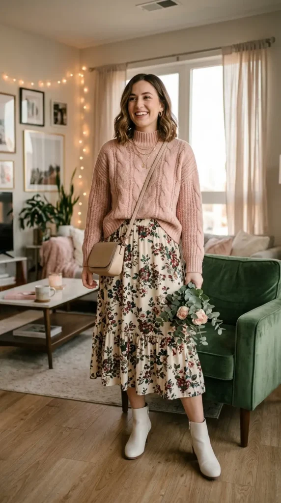 16+ Valentine's Day Outfit For Women: Trendy Ideas to Try This Year 16 blush-knit-with-floral-midi-skirt