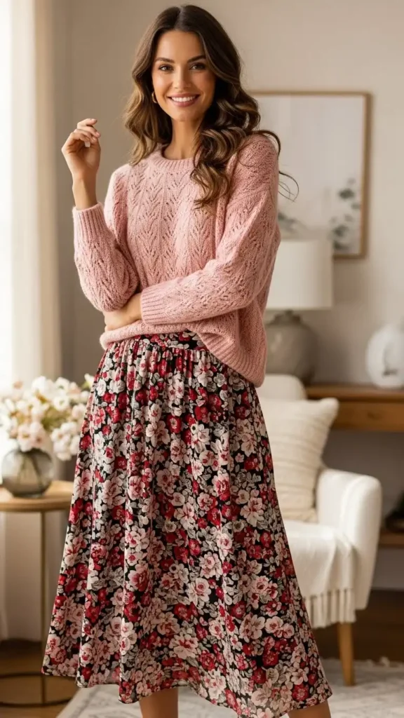 16+ Valentine's Day Outfit For Women: Stylish Ideas to Try This Year 16 blush-knit-with-floral-midi-skirt