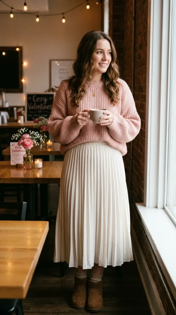 15 Romantic Valentine's Day Sweater Outfits for Cozy Style 14 blush-sweater-with-pleated-skirt
