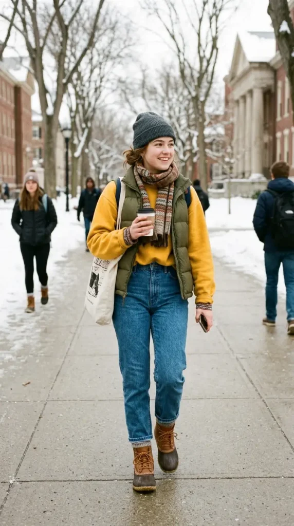 How to Style Winter Outfits for College Girls on a Budget 3 bright-sweatshirt-with-classic-denim-combo
