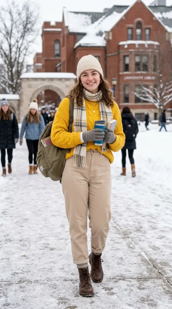 How to Style Winter Outfits for College Girls on a Budget 12 bright-yellow-sweater-with-neutral-bottoms
