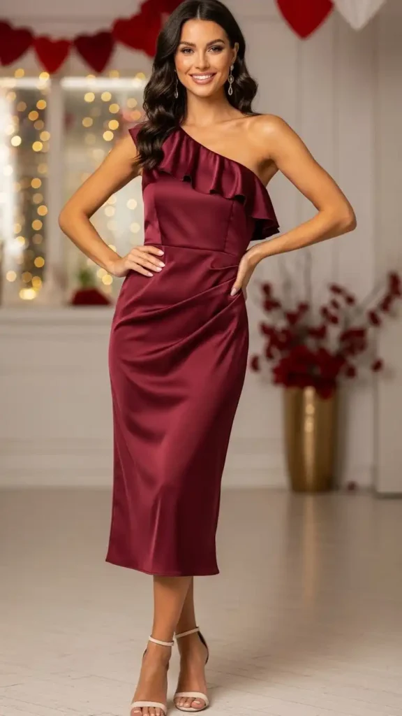 burgundy-one-shoulder-midi-dress