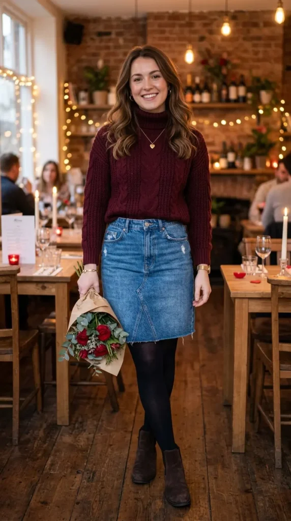 15 Romantic Valentine's Day Sweater Outfits for Cozy Style 16 burgundy-sweater-with-denim-skirt