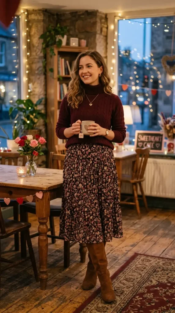 15 Romantic Valentine's Day Sweater Outfits for Cozy Style 5 burgundy-turtleneck-sweater-with-midi-skirt