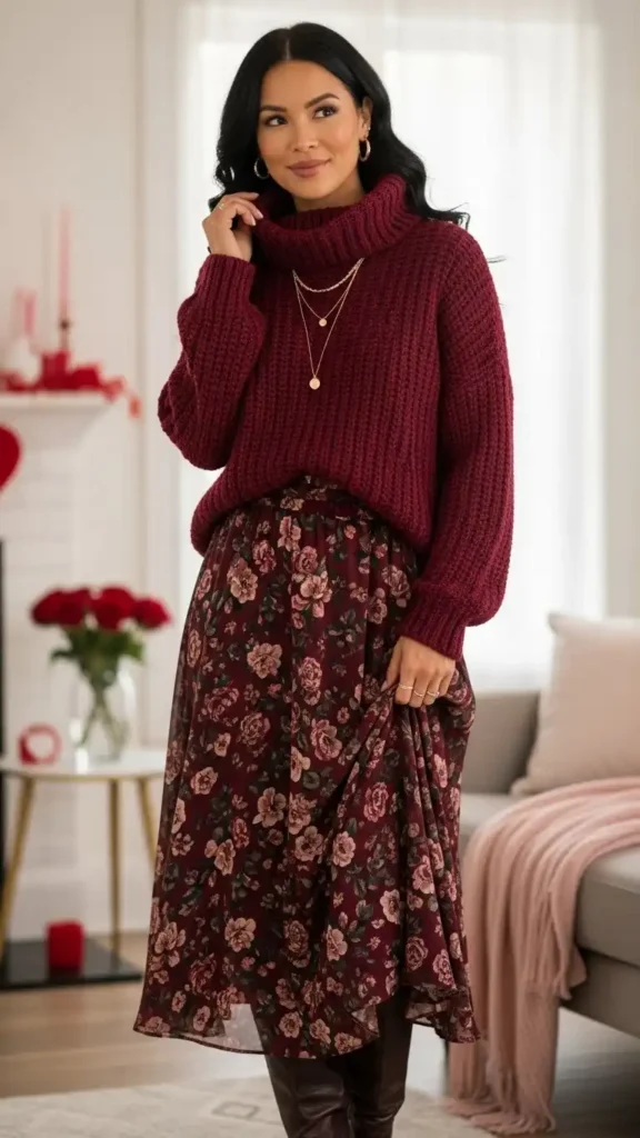 burgundy-turtleneck-sweater-with-midi-skirt