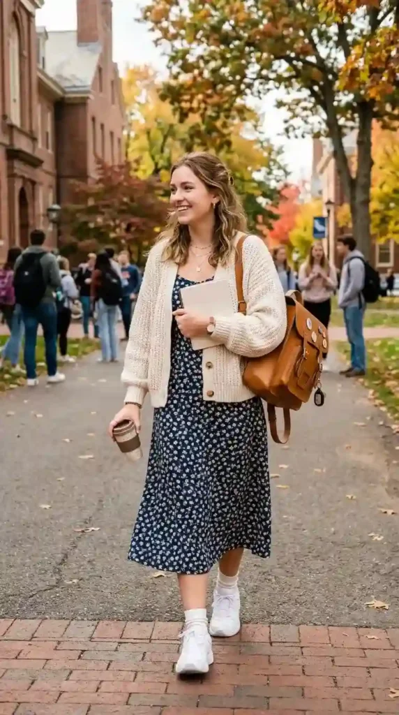 Top Fun and Trendy Outfit Ideas For School That Are Comfortable 9 cardigan-with-midi-dress