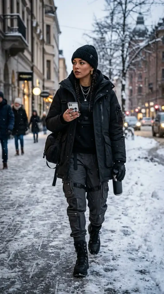 15 Trendy Cold Winter Outfits for Baddies to Wear This Season 13 cargo-techwear