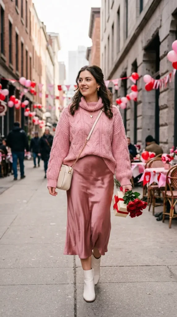 16+ Valentine's Day Outfit For Women: Trendy Ideas to Try This Year 12 chunky-pink-sweater-with-satin-midi-skirt