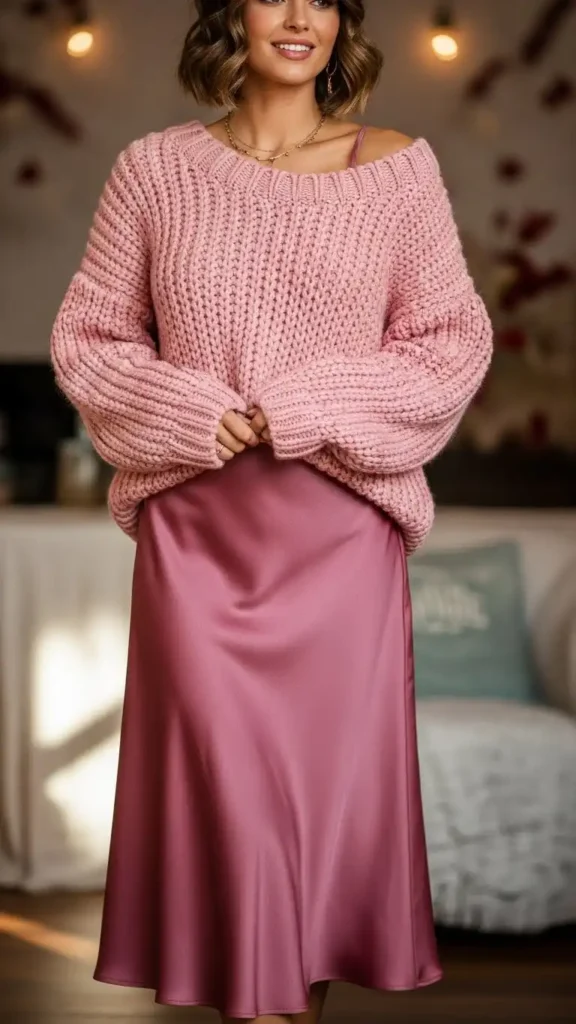 16+ Valentine's Day Outfit For Women: Stylish Ideas to Try This Year 12 chunky-pink-sweater-with-satin-midi-skirt