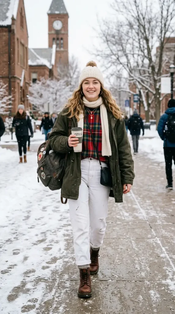 How to Style Winter Outfits for College Girls on a Budget 14 classic-plaid-sweater-and-white-denim