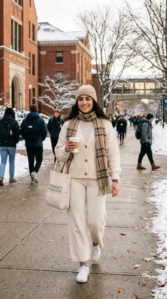 How to Style Winter Outfits for College Girls on a Budget 7 cream-cardigan-with-matching-trousers