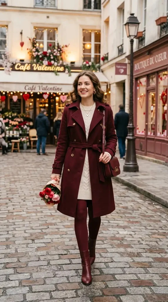 cream-sweater-dress-with-burgundy-trench-coat