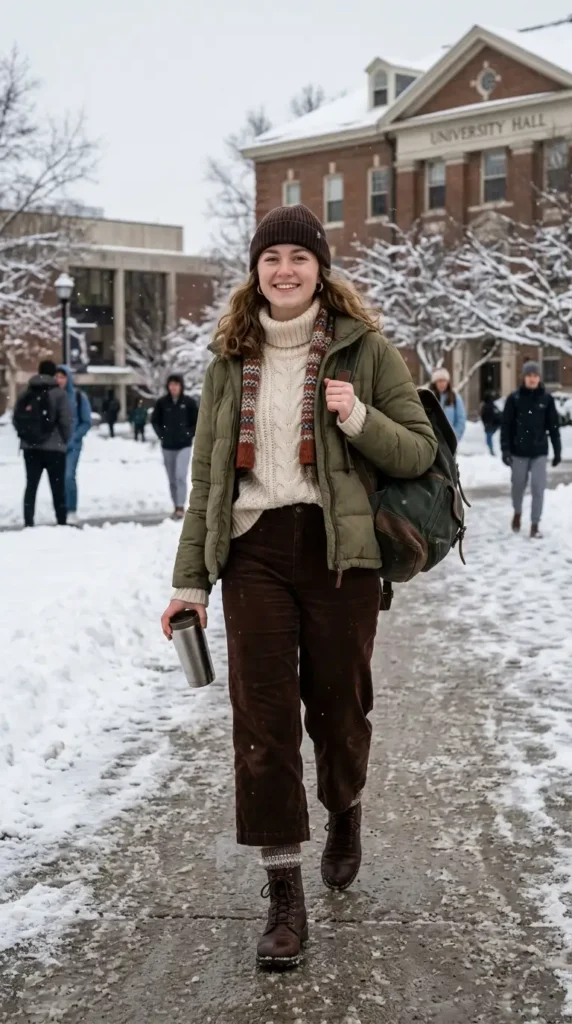 How to Style Winter Outfits for College Girls on a Budget 4 cream-sweater-with-chocolate-trousers