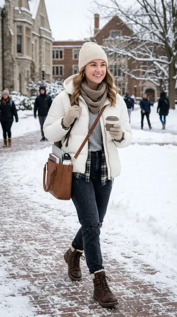 How to Style Winter Outfits for College Girls on a Budget 11 crisp-white-puffer-jacket-layered-look