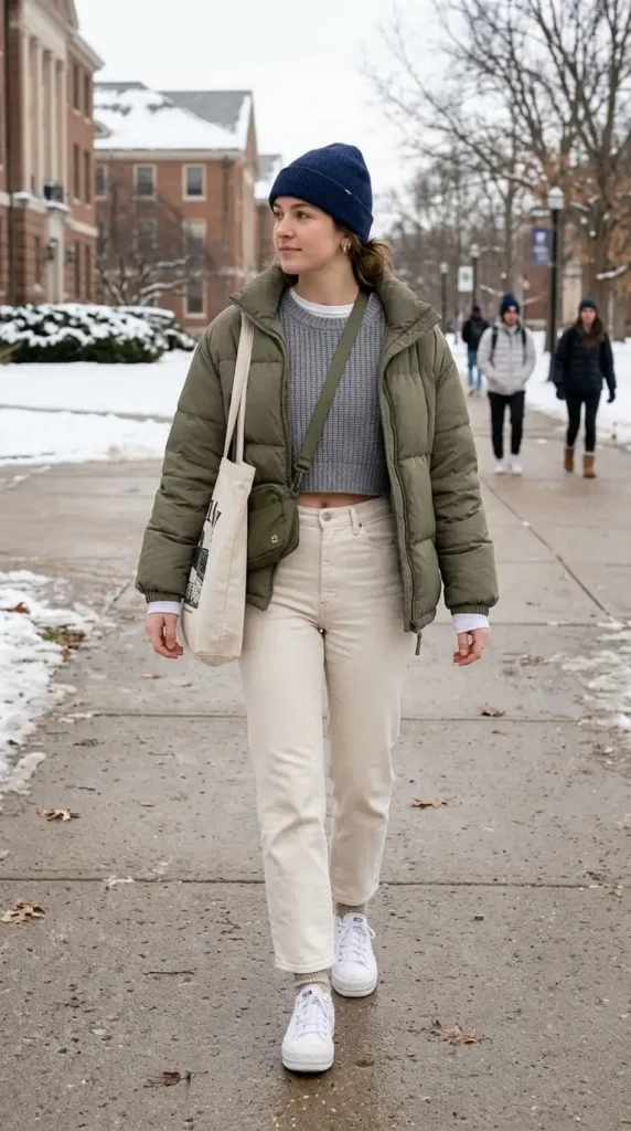 How to Style Winter Outfits for College Girls on a Budget 10 cropped-gray-sweater-with-cream-jeans