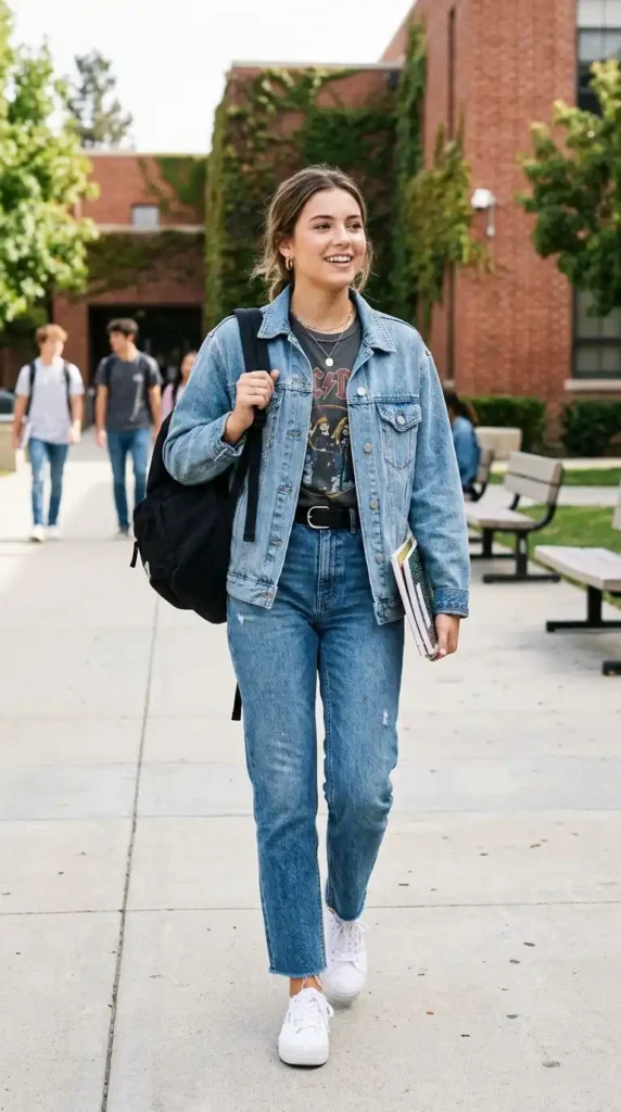 Top Fun and Trendy Outfit Ideas For School That Are Comfortable 3 denim-jacket-with-high-waist-jeans