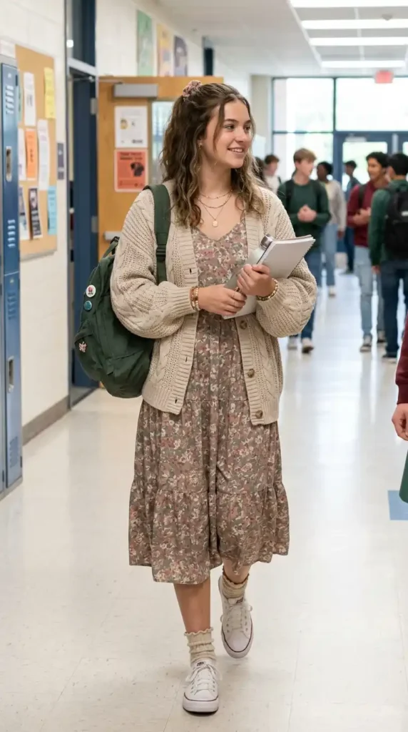 Top Fun and Trendy Outfit Ideas For School That Are Comfortable 17 flowy-dress-and-knit-cardigan-style