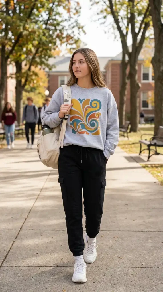 Top Fun and Trendy Outfit Ideas For School That Are Comfortable 6 graphic-sweatshirt-with-joggers
