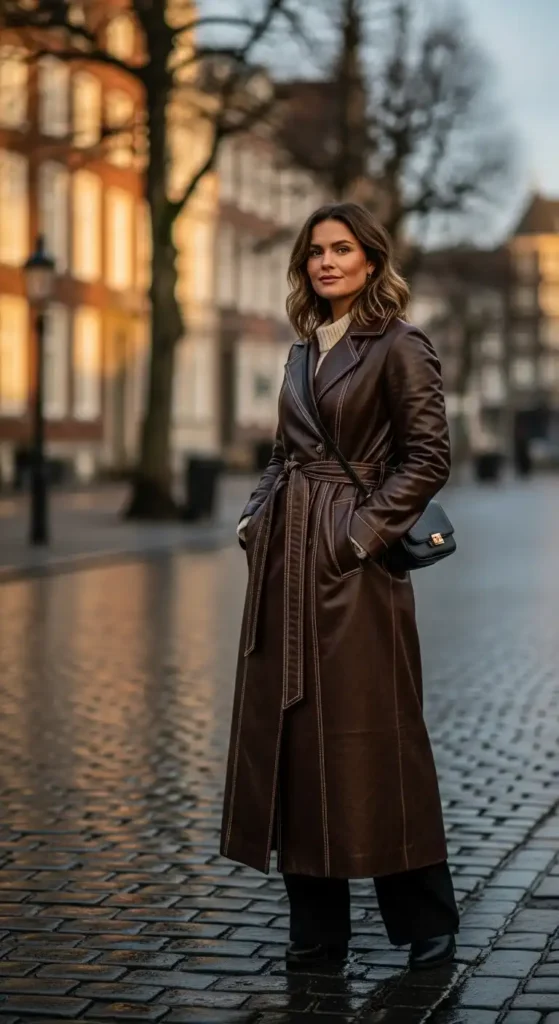 16 Winter Outfit Ideas With Long Coats To Elevate Your Look 10 leather-coat-edge