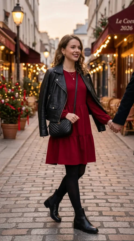 17 Cute Valentine’s Date Night Outfits for Women to Try This Year 17 leather-jacket-and-dress