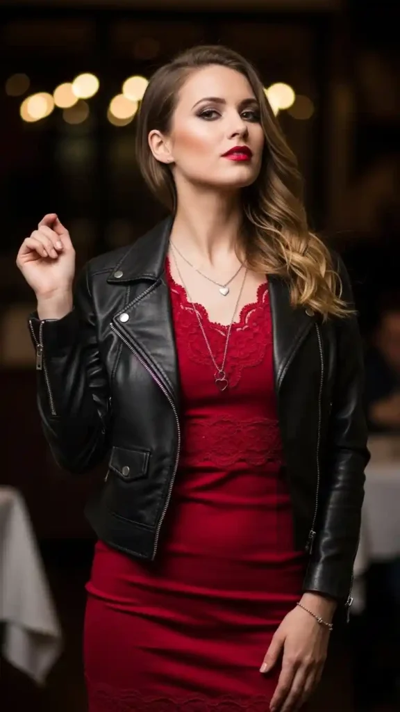 16+ Cute Valentine’s Date Night Outfits for Women to Try This Year 17 leather-jacket-and-dress