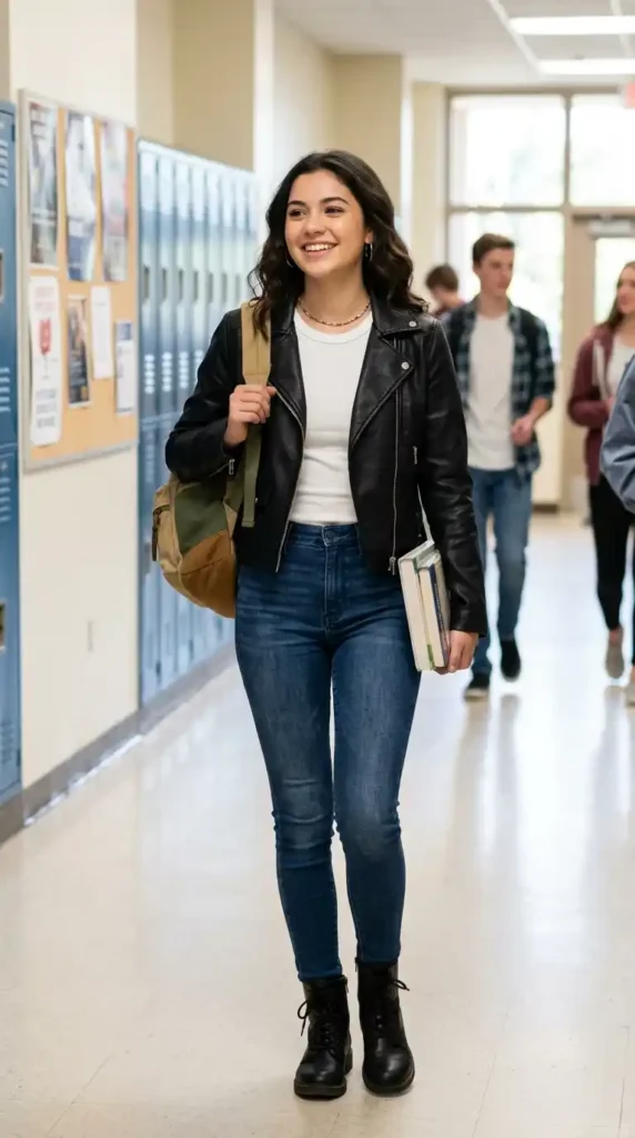 Top Fun and Trendy Outfit Ideas For School That Are Comfortable 10 leather-jacket-with-skinny-jeans