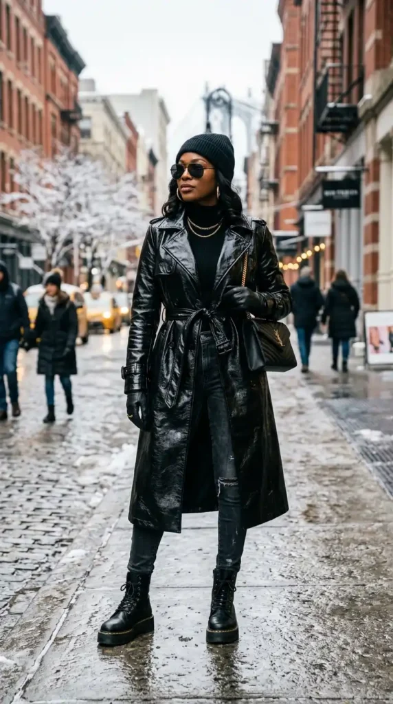 15 Trendy Cold Winter Outfits for Baddies to Wear This Season 9 leather-trench-moment