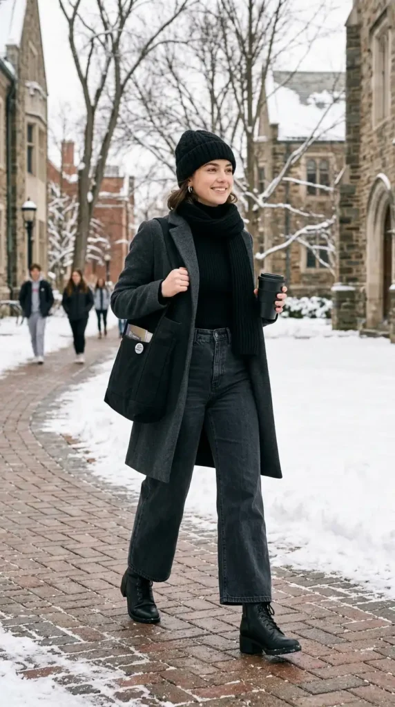 How to Style Winter Outfits for College Girls on a Budget 13 monochrome-elegance-with-wide-leg-jeans