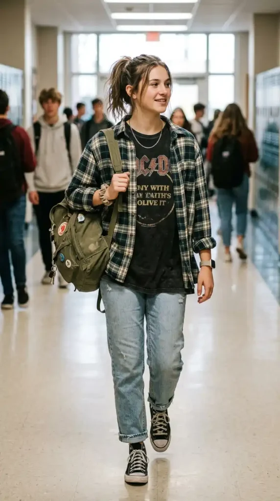Top Fun and Trendy Outfit Ideas For School That Are Comfortable 15 oversized-tee-and-flannel-style