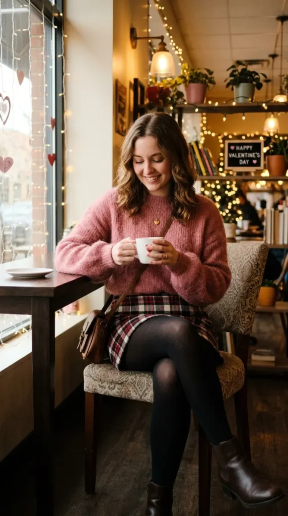 15 Romantic Valentine's Day Sweater Outfits for Cozy Style 4 pink-fuzzy-sweater-with-plaid-skirt