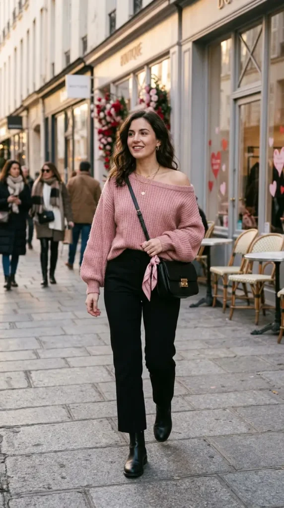 16+ Valentine's Day Outfit For Women: Trendy Ideas to Try This Year 18 pink-off-the-shoulder-sweater-with-black-trousers