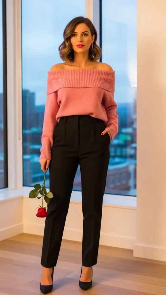 16+ Valentine's Day Outfit For Women: Stylish Ideas to Try This Year 18 pink-off-the-shoulder-sweater-with-black-trousers