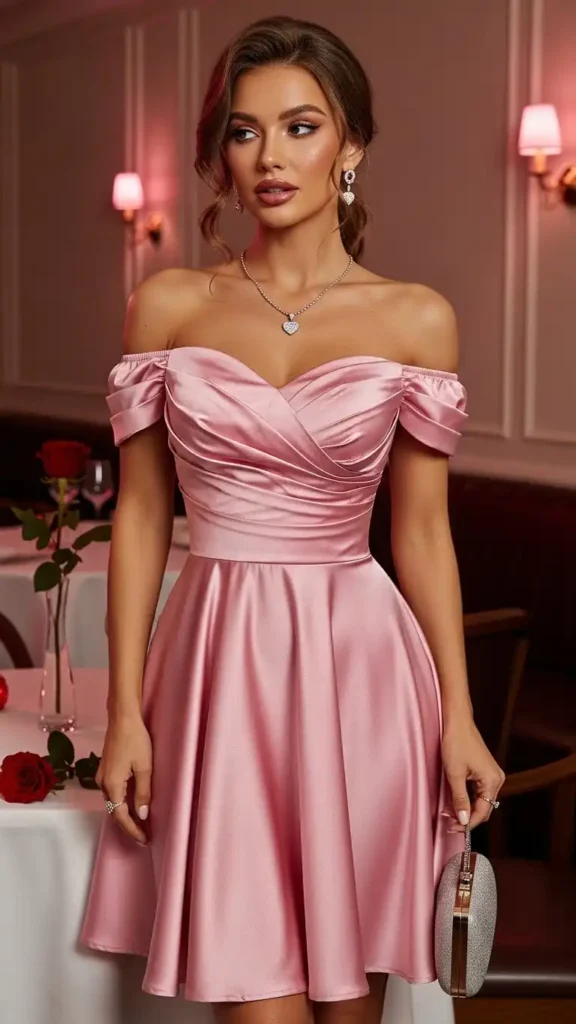 pink-satin-off-shoulder-dress