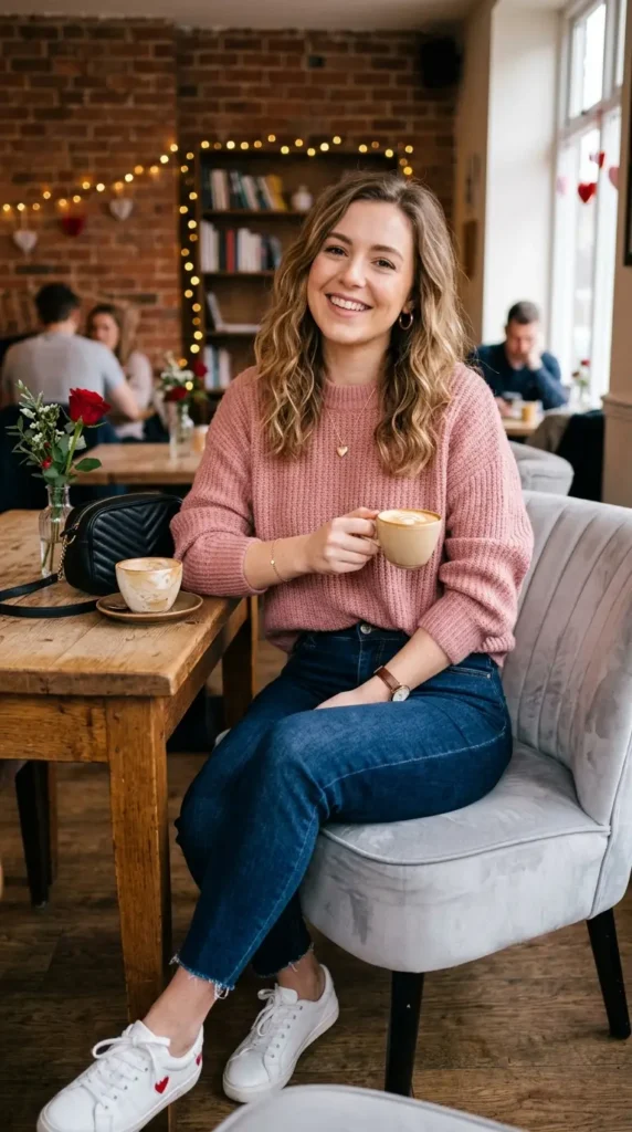 16+ Valentine's Day Outfit For Women: Trendy Ideas to Try This Year 17 pink-sweater-with-dark-blue-denim