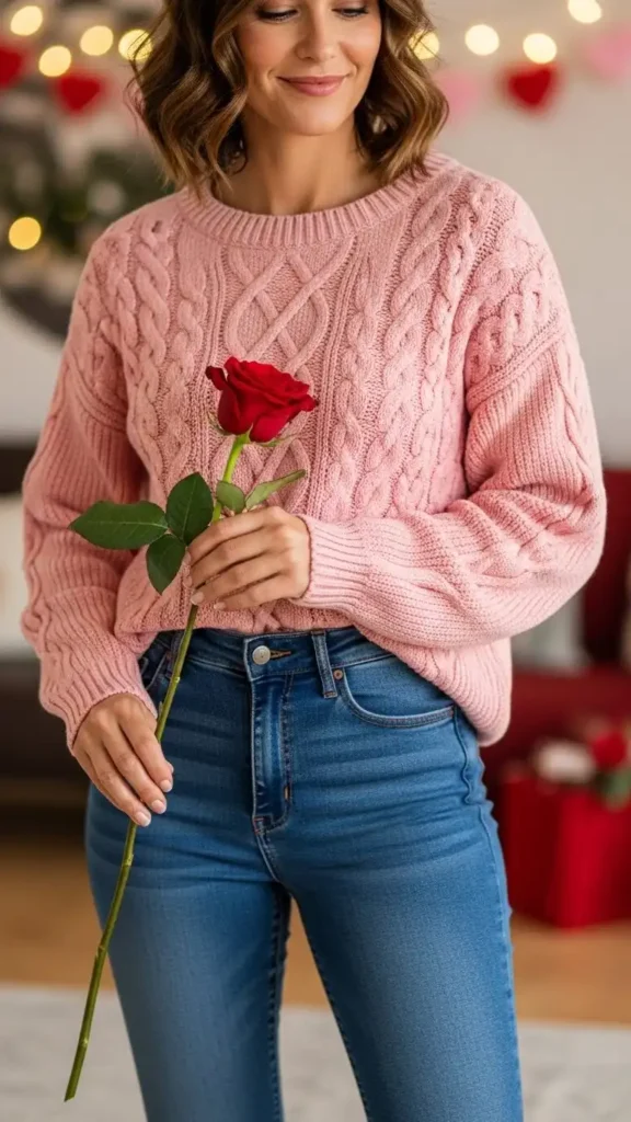 16+ Valentine's Day Outfit For Women: Stylish Ideas to Try This Year 17 pink-sweater-with-dark-blue-denim