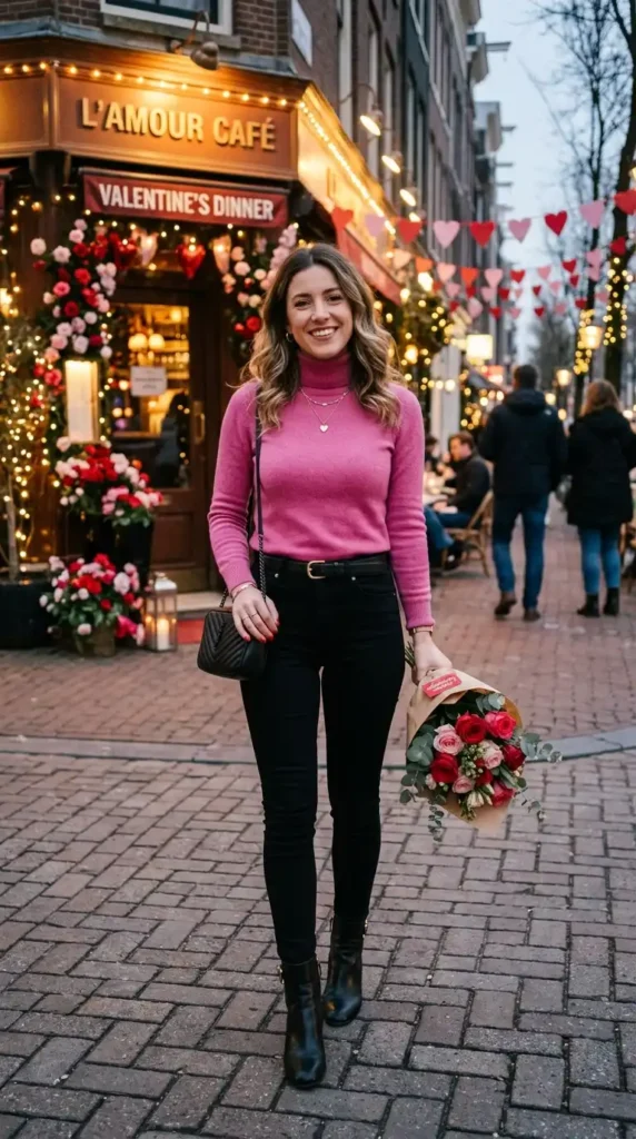 16+ Valentine's Day Outfit For Women: Trendy Ideas to Try This Year 14 pink-turtleneck-with-black-skinny-pants