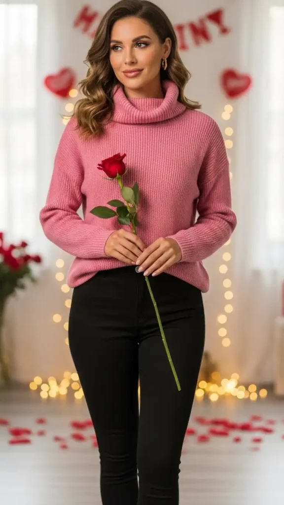 16+ Valentine's Day Outfit For Women: Stylish Ideas to Try This Year 14 pink-turtleneck-with-black-skinny-pants