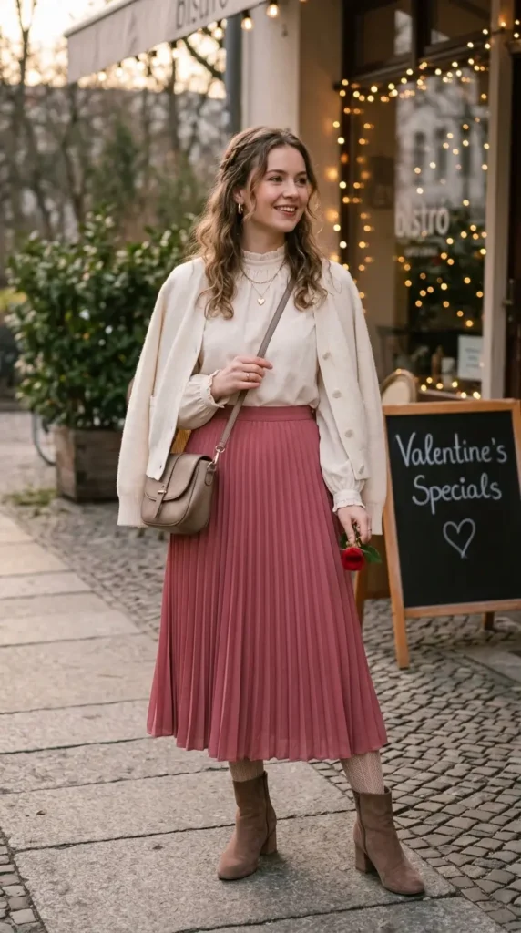 17 Cute Valentine’s Date Night Outfits for Women to Try This Year 13 pleated-skirt-and-blouse