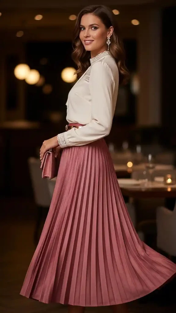 16+ Cute Valentine’s Date Night Outfits for Women to Try This Year 13 pleated-skirt-and-blouse