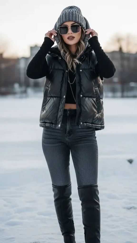 15 Cold Winter Outfits for Baddies to Plan a Chic Outfit 10 puffer-vest-overlay