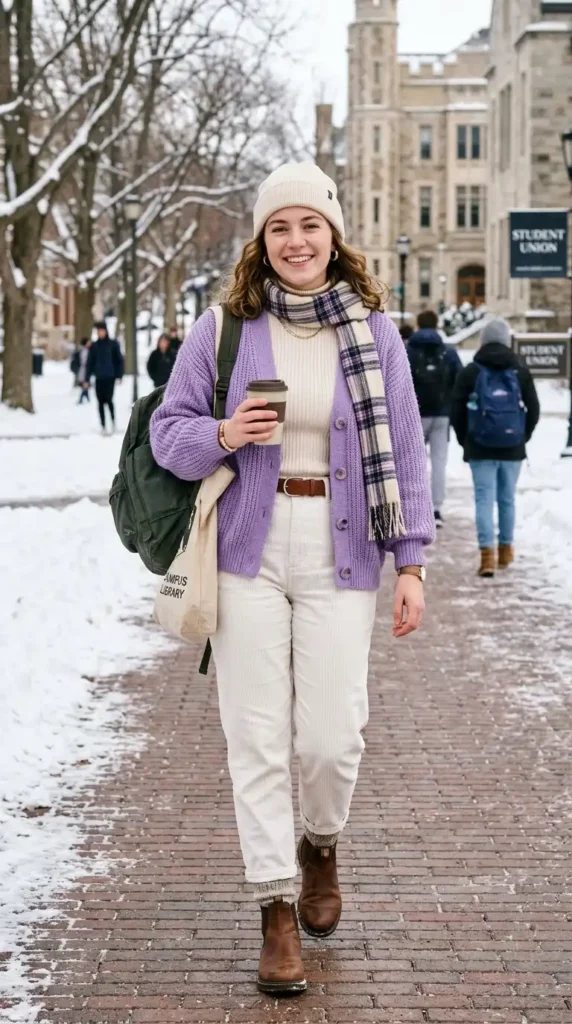 How to Style Winter Outfits for College Girls on a Budget 6 purple-cardigan-with-high-waisted-whites
