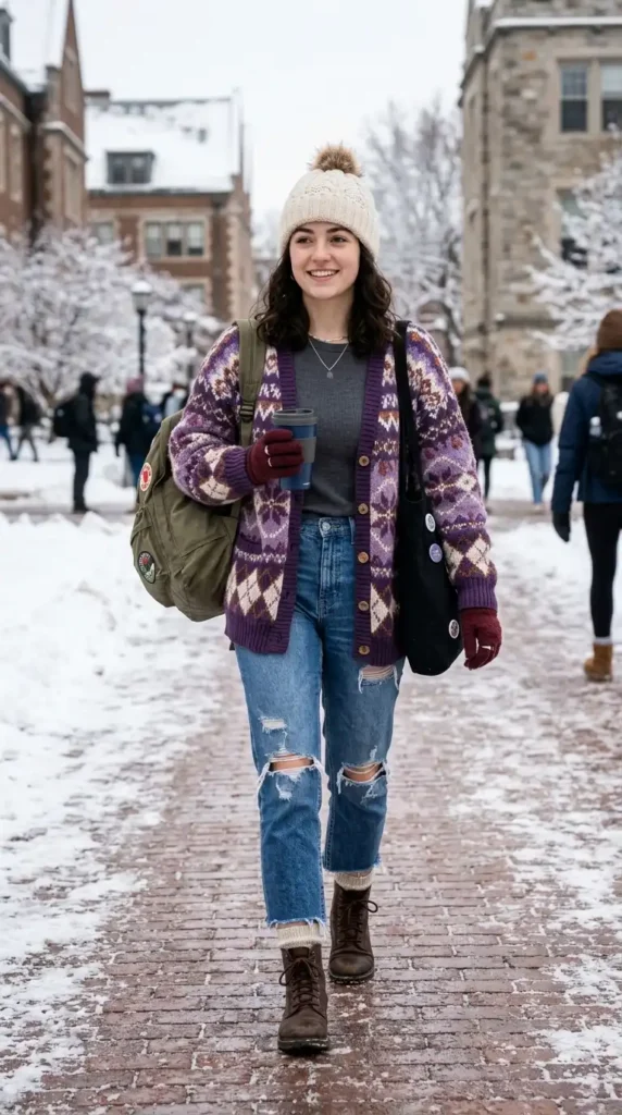 How to Style Winter Outfits for College Girls on a Budget 5 purple-patterned-cardigan-with-distressed-denim